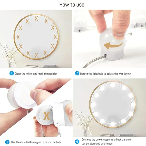 Miniatura 6 de Luces LED de espejo de tocador estilo Hollywood, luz de relleno USB, temperatura de color ajustable y brillo, adecuada para espejo de cuerpo