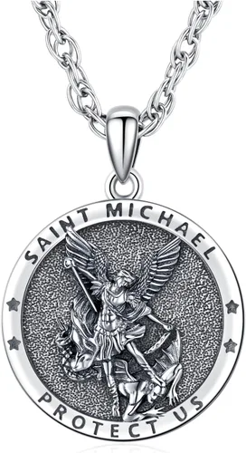 Miniatura 285 de Odinstone Collar de plata de ley 925 con medalla de San Miguel/San Cristóbal/San Benito/Crucifijo de Jesús/San Uriel/Arcángel Rafael para hombres