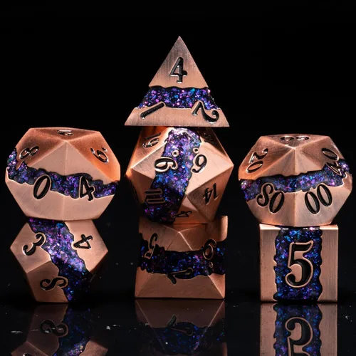 Miniatura 14 de Dados poliédricos DND de metal, juego de dados metálicos con purpurina a rayas grandes, juego de 7 dados plateados antiguos para juegos de rol