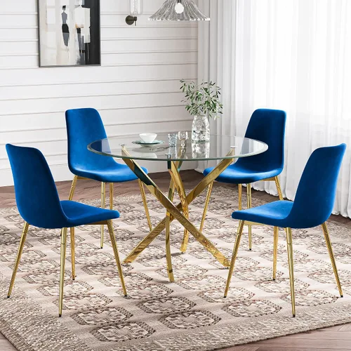 Miniatura 14 de Juego de mesa de comedor de cristal para 4, juego de mesa de cocina redonda dorada de 5 piezas con 4 sillas tapizadas negras, mesa de comedor