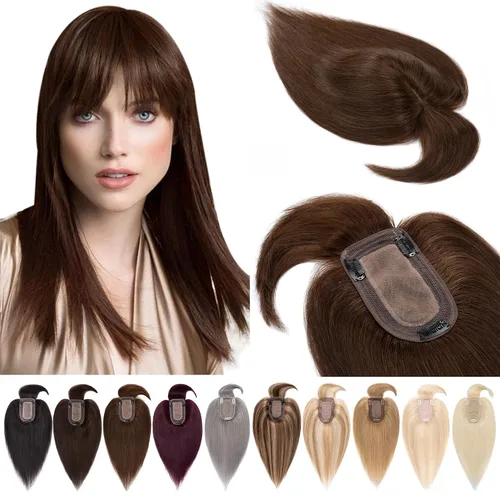 Miniatura 18 de SEGOHAIR Toppers de cabello humano real con flequillo, 2.8 x 5.1 in, base de seda con clip, piezas superiores de Wiglet añaden volumen, 6 pulgadas