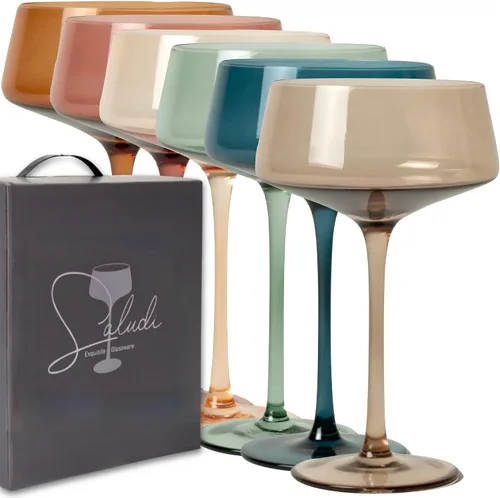 Saludi Vasos de colores Coupé, 10 onzas (juego de 6) de vidrio multicolor con tallo – Ideal para todo tipo de cóctel y ocasiones – Lujoso, duradero,