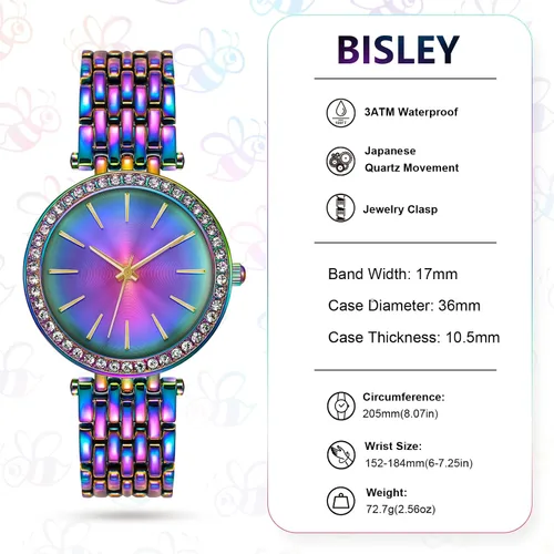 Miniatura 4 de Bisley Reloj de 1.417 in para mujer, bandas de metal, fácil de leer, esfera de moda, impermeable, analógico