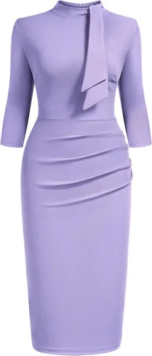 Miniatura 5 de Miusol - Vestido entallado de cóctel, plisado, estilo retro, cuello medio.