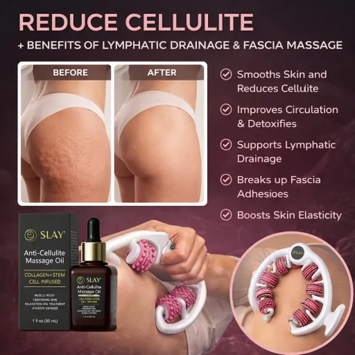 Miniatura 5 de SLAY' Rodillo de masaje anticelulítico y paquete de aceite corporal, rodillo de drenaje linfático, removedor de celulitis para piernas y brazos