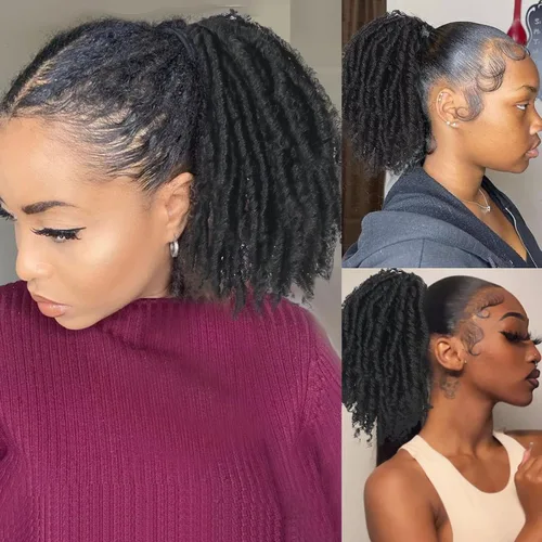 Miniatura 8 de Extensiones de cola de caballo de rastas para mujer, cola de caballo con cordón negro con extremos rizados, rastas sintéticas de diosa, extensiones