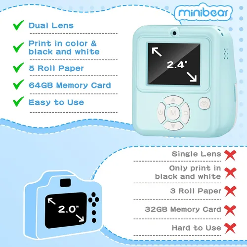Miniatura 6 de Cámara para Niños con Impresión Instantánea de Fotos a Color, Cámara de Impresión Instantánea de Doble Lente para Niños, Juguete de Cámara Digital