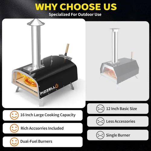 Miniatura 5 de PIZZELLO Horno de pizza de 16" para exteriores de propano y leña Multi-combustible horno de pizza grande de acero inoxidable con quemador de gas