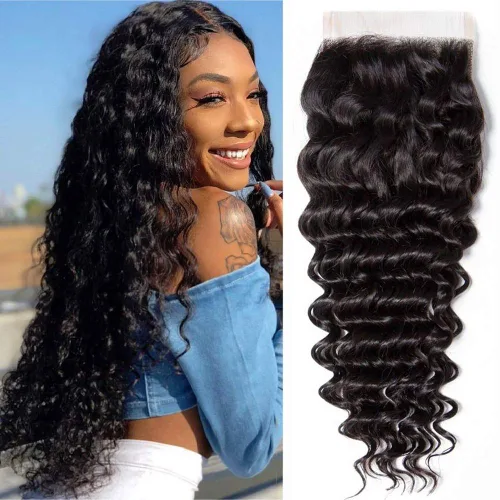 Miniatura 16 de Cabello humano rizado con cierre de encaje de 4 x 4, cabello humano prearrancado Jerry rizado ondulado 12A sin procesar brasileño virgen cierre