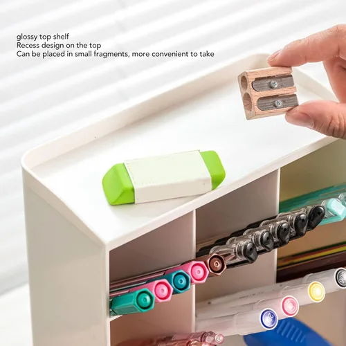 Miniatura 3 de Wnvivi Organizador de bolígrafo inclinado, soporte para bolígrafo de escritorio, soporte para brochas de maquillaje con cajón, organizador Rosa