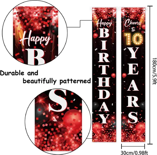 Miniatura 2 de Letrero de feliz cumpleaños número 10 para puerta, color rojo y negro, decoración temática de fiesta de cumpleaños con purpurina para niños y niñas