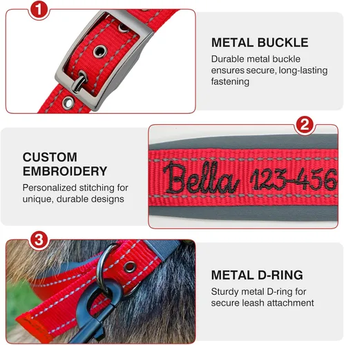 Miniatura 5 de Collar de perro personalizado de nailon con nombre y teléfono bordados, tira reflectante, forro de neopreno suave, hebilla de metal duradera, correa