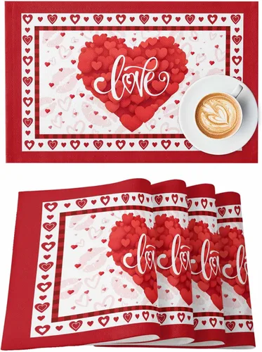 Miniatura 13 de Juego de 4 manteles individuales para el día de San Valentín para mesa de comedor, camión con globos y rosas románticos de arpillera de corazón rosa