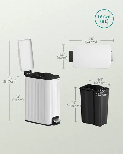 Miniatura 7 de SONGMICS Basurero de baño de 6 litros con tapa, delgado para espacios pequeños, cubo de basura de acero inoxidable, cierre suave, color blanco