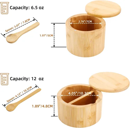 Miniatura 2 de Cuenco de bambú natural para sal y pimienta, bodega de sal de bambú y caja de almacenamiento de especias con cuchara integrada y tapa giratoria Dos