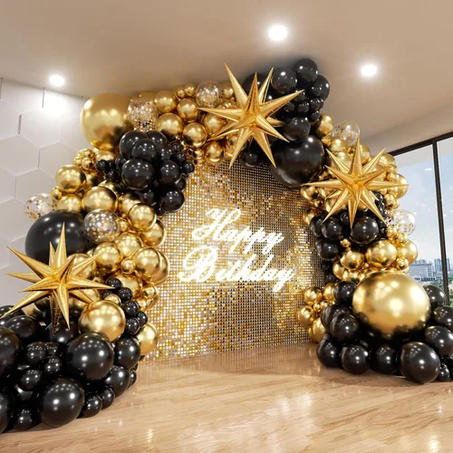 Kit de arco de globos negros y dorados, 140 piezas globos de estrella en explosión negro y dorado metálico de 22, 18, 12, 10, 5 pulgadas, globos de