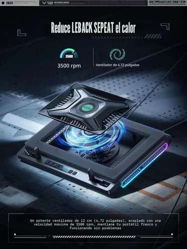 Miniatura 2 de llano V10 Almohadilla de Refrigeración para Laptop de Juegos, Enfriador de Laptop RGB con Potente Ventilador Turbo Externo de 4.72 Pulgadas, Negro