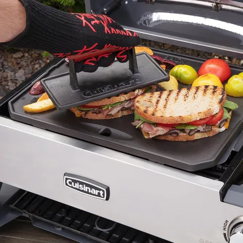 Miniatura 8 de Cuisinart - Prensa de parrilla de hierro fundido con mango de madera, prensa de hamburguesa rectangular antiadherente de alta resistencia con mango