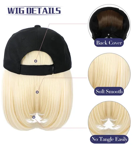 Miniatura 4 de Qlenkay Gorra de béisbol con extensiones de cabello recto, fleco corto, peinado ajustable, extraíble peluca y sombrero ,14 pulgadas para mujer y niña