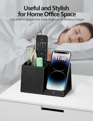 Miniatura 4 de Organizador de suministros de escritorio, soporte multifuncional para lápices y bolígrafos con cargador inalámbrico, organizador de papelería