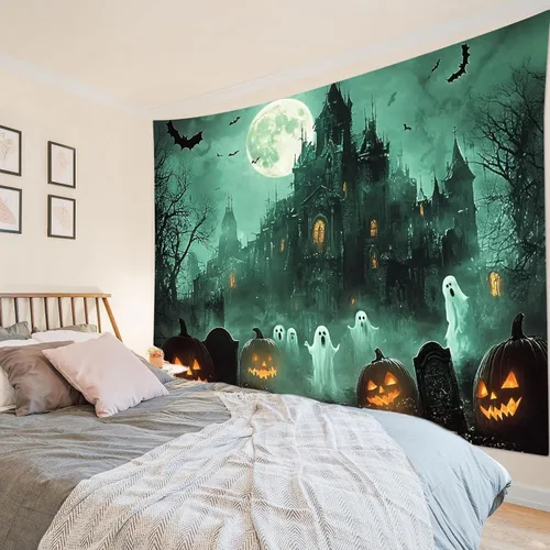 Miniatura 35 de HVEST Tapiz de Halloween de luna llena, lápida de cuervo negro, árbol muerto, tapiz para dormitorio, cementerio gris aterrador, bosque, decoración