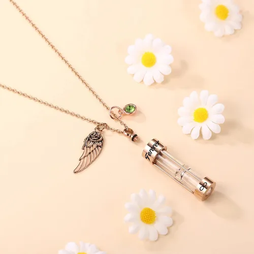 Miniatura 3 de MeMeDIY Collar de urna para hombre, de acero inoxidable, colgante conmemorativo de reloj de arena con ala de ángel, piedra natal redonda, recuerdo