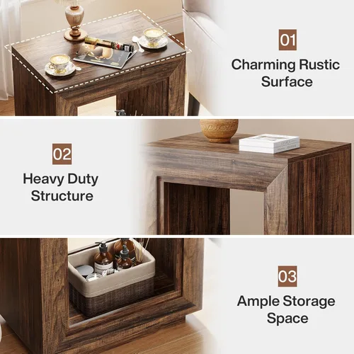 Miniatura 4 de Tribesigns Mesa auxiliar de madera rústica, mesa auxiliar cuadrada de 2 niveles con estante de almacenamiento, mesa auxiliar industrial para sofá