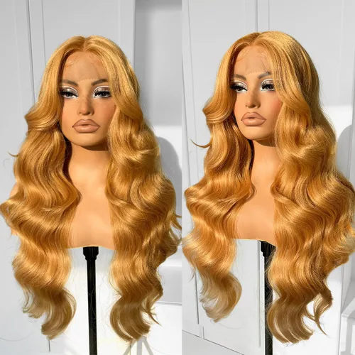 Miniatura 2 de #27 Peluca de encaje frontal rubia miel sin pegamento, onda corporal, pelucas de encaje frontal sintéticas prediseñadas, con línea de cabello #27