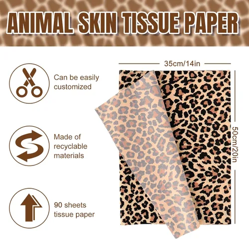 Miniatura 2 de AnyDesign 90 hojas de papel de seda con estampado animal, 5 diseños de leopardo, cebra, jirafa, tigre, vaca, patrón de piel de animales, surtido