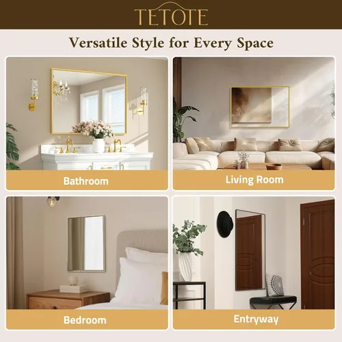 Miniatura 7 de TETOTE Espejo de Baño Dorado de 16" x 20" Latón Dorado Cepillado Rectangular con Marco Biselado Espejo de Tocador de Baño para Sobre el Lavabo