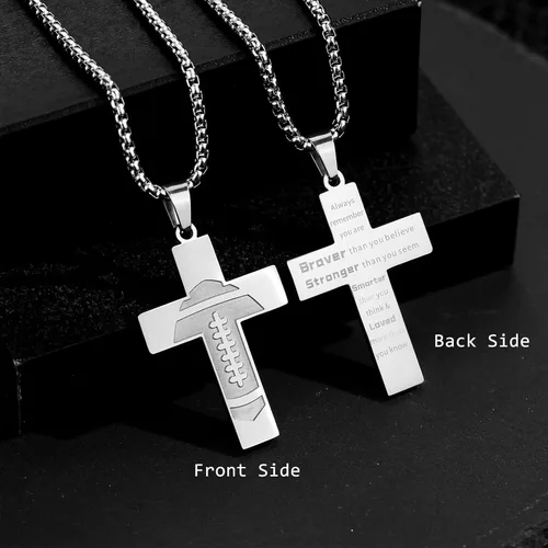 Miniatura 2 de HattiDoris Collar de cruz de fútbol para niños, colgante de cruz de versículo bíblico inspirador de cadena de acero inoxidable de 22 + 2 pulgadas