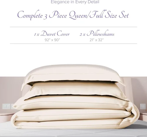 Miniatura 3 de Carressa Linen Funda de edredón tamaño Queen, funda de edredón 100% algodón egipcio, colección Hortensias serie 600 (3 piezas, marfil), suave, Crema