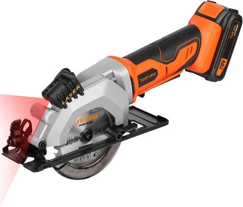 Yunirvana Mini sierra circular, sierra circular inalámbrica profesional de 20 V 3400 RPM, ángulo y profundidad ajustables, profundidad de corte