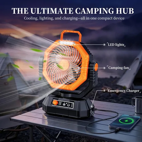 Miniatura 9 de AJVV Ventilador de camping con luz, control remoto y oscilación, ventilador colgante de tienda de campaña a batería, recargable portátil para Naranja