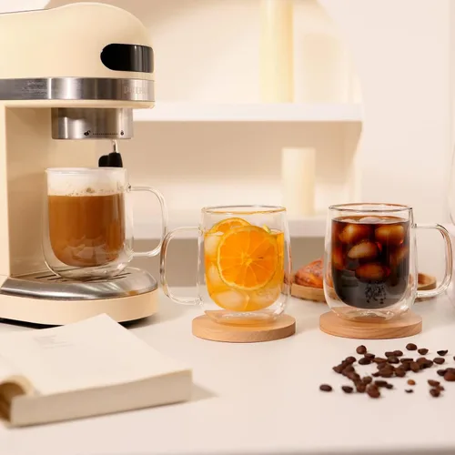 Miniatura 7 de CNGLASS Tazas de café de vidrio de 12 onzas, juego de tazas aisladas de doble pared con asa, tazas de expreso de vidrio transparente para café