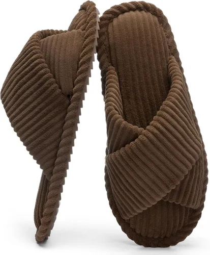 Miniatura 26 de GOEWY - Pantuflas para mujer con espuma viscoelástica para el hogar, con entretejido de pana, tiras cruzadas, con punta abierta, sandalias cómodas