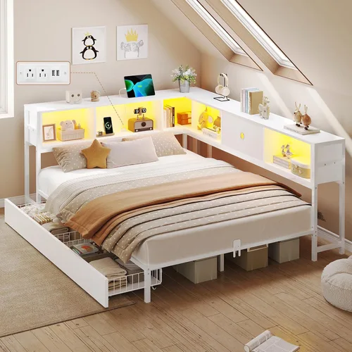 Miniatura 16 de DICTAC Marco de cama esquinero con 2 cajones de almacenamiento y cabecero de estantería individual XL, marco de cama de plataforma de metal con Negro