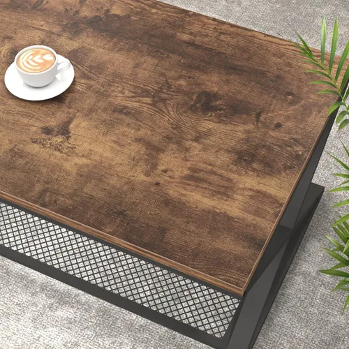 Miniatura 4 de LVB Mesa de café rústica, mesa de cóctel de té de madera y metal industrial de 2 niveles con almacenamiento para sala de estar, mesa central Marrón