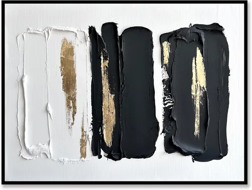 Miniatura 8 de Sofoney - Lienzo abstracto enmarcado en oro negro y dorado, impresiones artísticas 3D texturizadas con pinceladas negras con lámina dorada