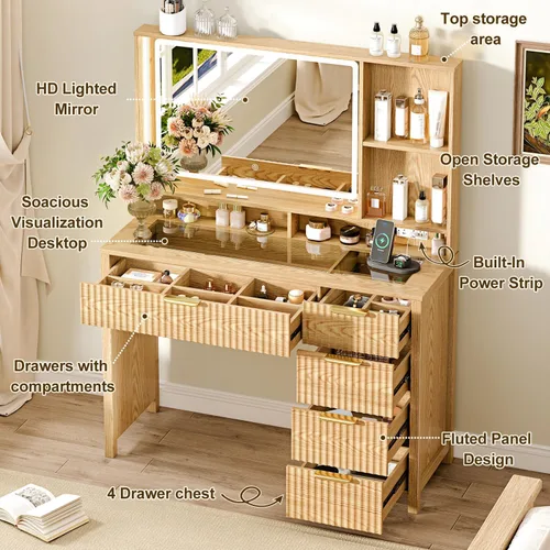 Miniatura 2 de Arulvmrn Escritorio de tocador de maquillaje con espejo y luces, mesa de tocador de vidrio de 43.3 pulgadas con 5 cajones y estantes, juego