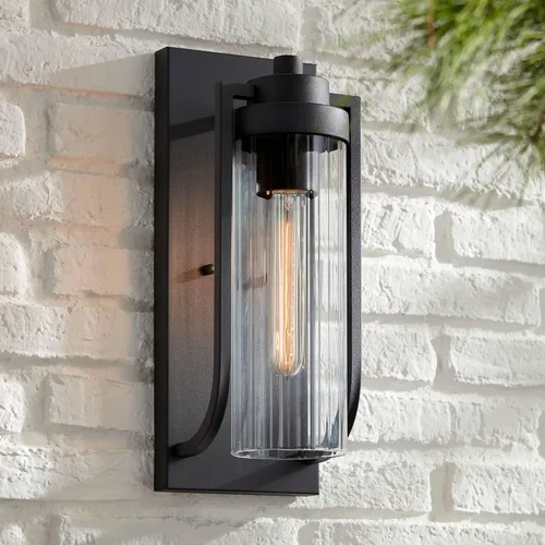 Miniatura 9 de Possini Euro Design Bogata - Moderna lámpara de pared para exteriores, acero negro texturizado, 15 1/2 pulgadas, cristal cilíndrico acanalado