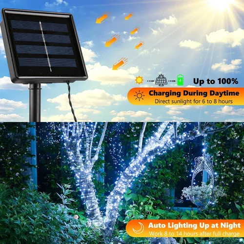 Miniatura 4 de Joomer Luces solares de Navidad para exteriores, paquete de 2 unidades en total de 144 pies, 400 LED, 8 modos, impermeables, luces solares de Blanco