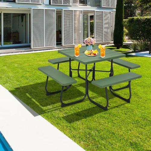 Miniatura 3 de Giantex Juego de mesa de picnic para 8 personas, mesa y banco al aire libre con agujero para paraguas, parte superior de polietileno de alta Verde