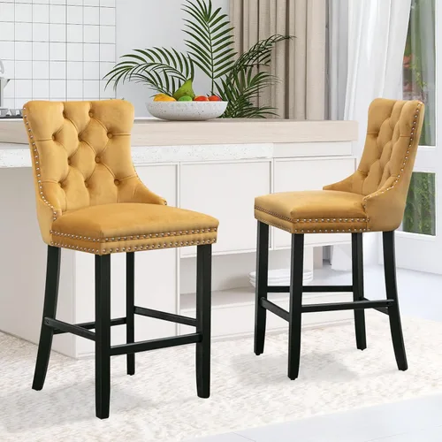 Miniatura 35 de SoarFlash Juego de 2 taburetes de bar tapizados de terciopelo moderno con patas de madera, botones acolchados, cabeza de clavo cromada, asiento