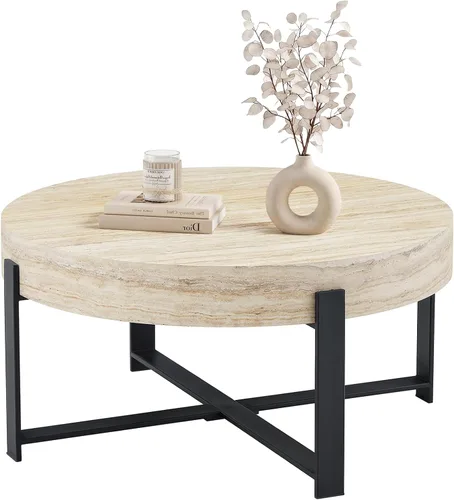 Miniatura 13 de LKTART Mesa de centro para sala de estar, mesas de centro redondas de madera con almacenamiento, mesa de té moderna de centro de metal para Marrón