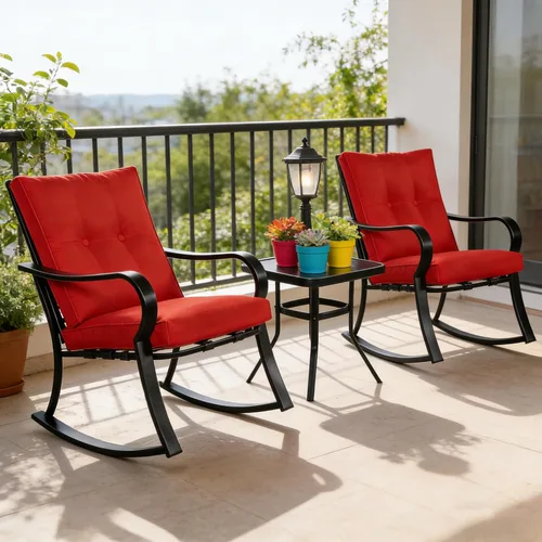 Miniatura 5 de SUNCROWN Juego de 3 sillas mecedoras para exteriores, muebles de acero negro con cojín grueso y mesa de centro de cristal, color rojo