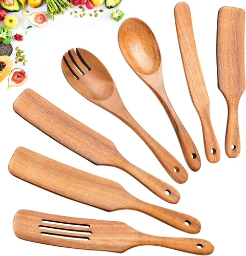 Miniatura 11 de Cucharas de madera para cocinar, 6 piezas, juego natural de utensilios de cocina de madera de teca, juego de utensilios de cocina con mango largo