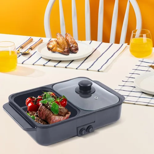 Olla Caliente con Parrilla, Olla Caliente Eléctrica y Sartén, Olla Shabu Shabu con Parrilla, Olla Shabu Shabu Antiadherente y Plancha 2 en 1 para