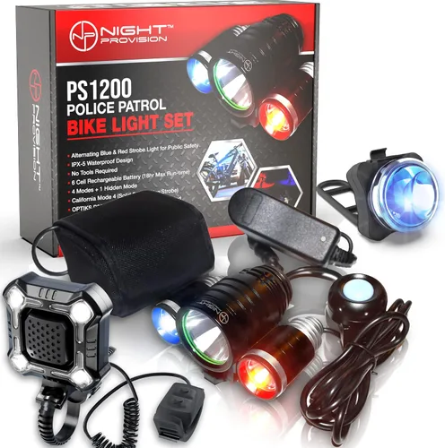 Miniatura 9 de PS1200 Luz delantera y OPTIKS 210 trasera para bicicleta de policía, luz estroboscópica roja/azul, recargable, resistente al agua, 5 modos