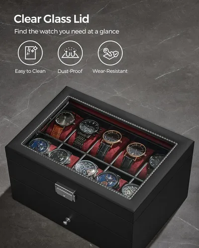 Miniatura 5 de SONGMICS Caja de reloj de 20 ranuras, caja de reloj con tapa de vidrio, 2 capas, vitrina de reloj con cerradura, cuero sintético negro, forro rojo